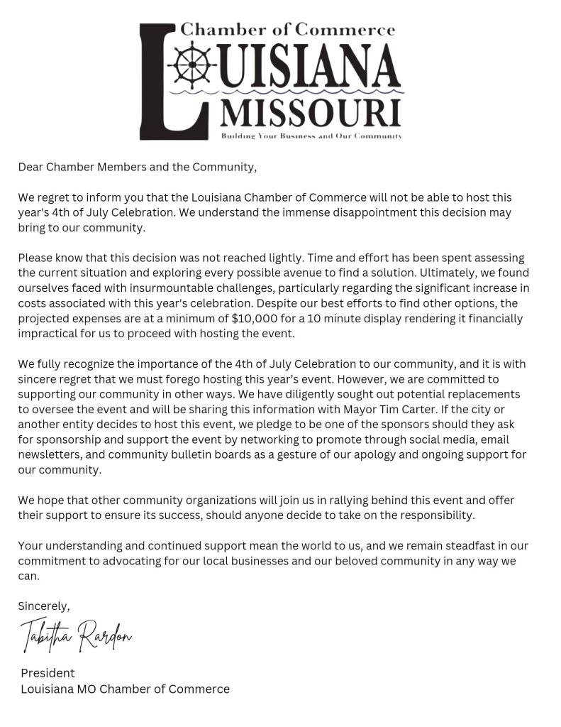 Important Update 4th of July Celebration Louisiana Missouri Chamber of Commerce